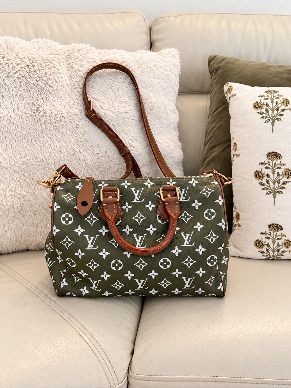 Louis Vuitton Olive & White Monogram Speedy Bandoulière Satchel with Tan Trim